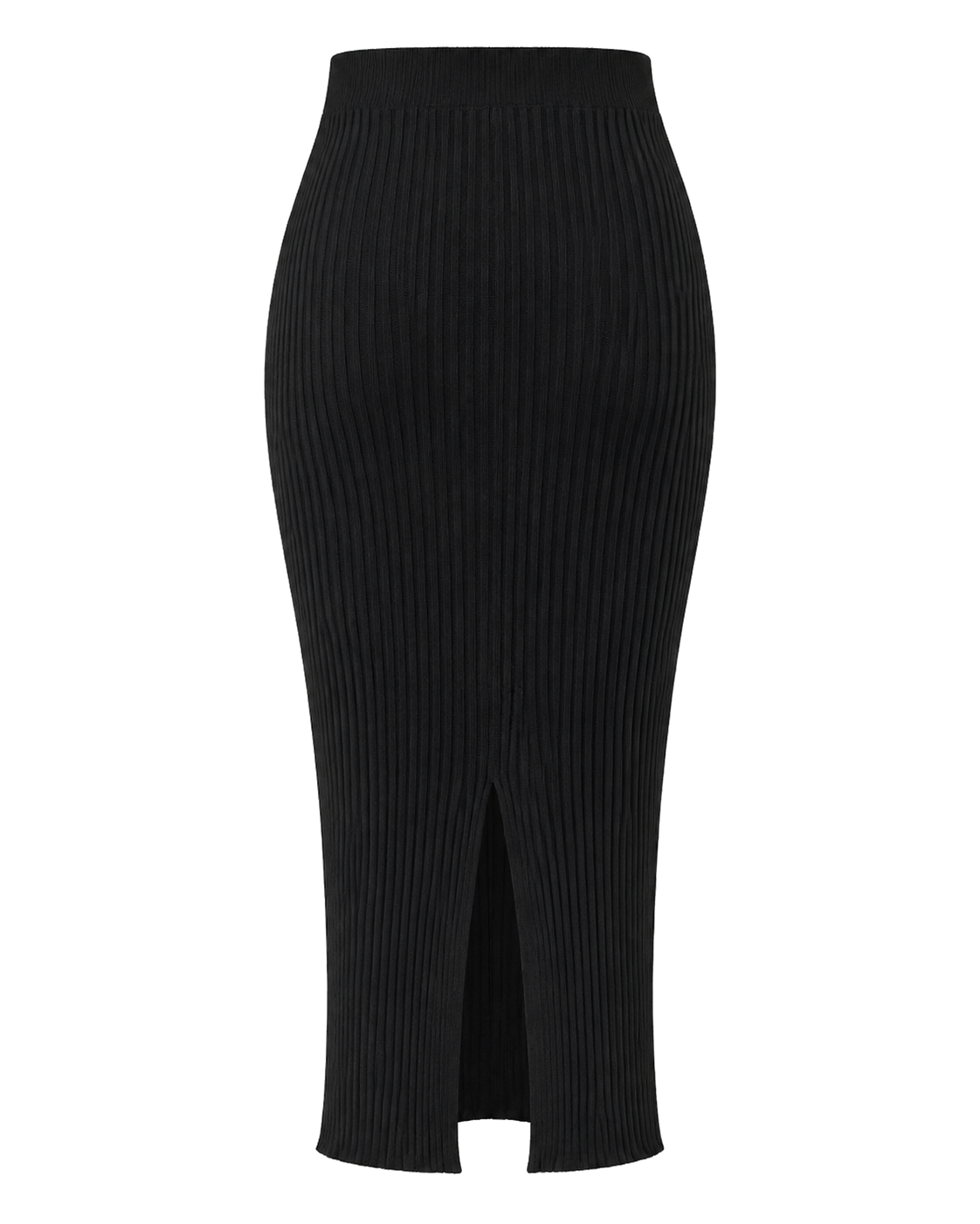 Geribde midi-rok met split achter, zwart — achterkant #black #zwart