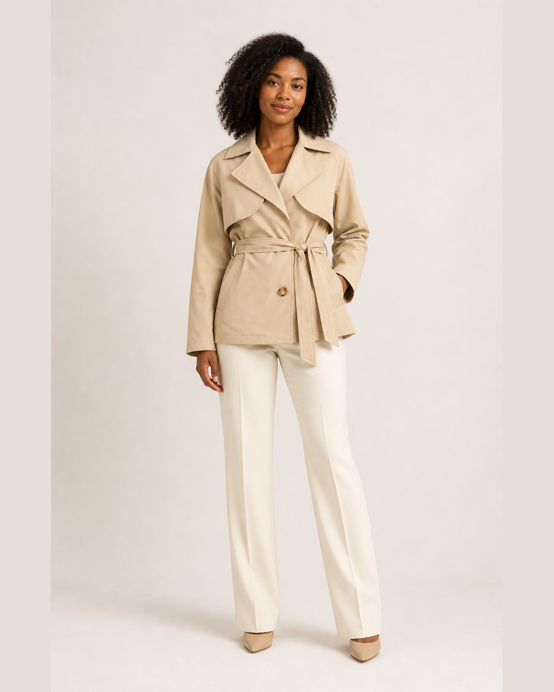 Model met korte trenchcoat, beige #beige