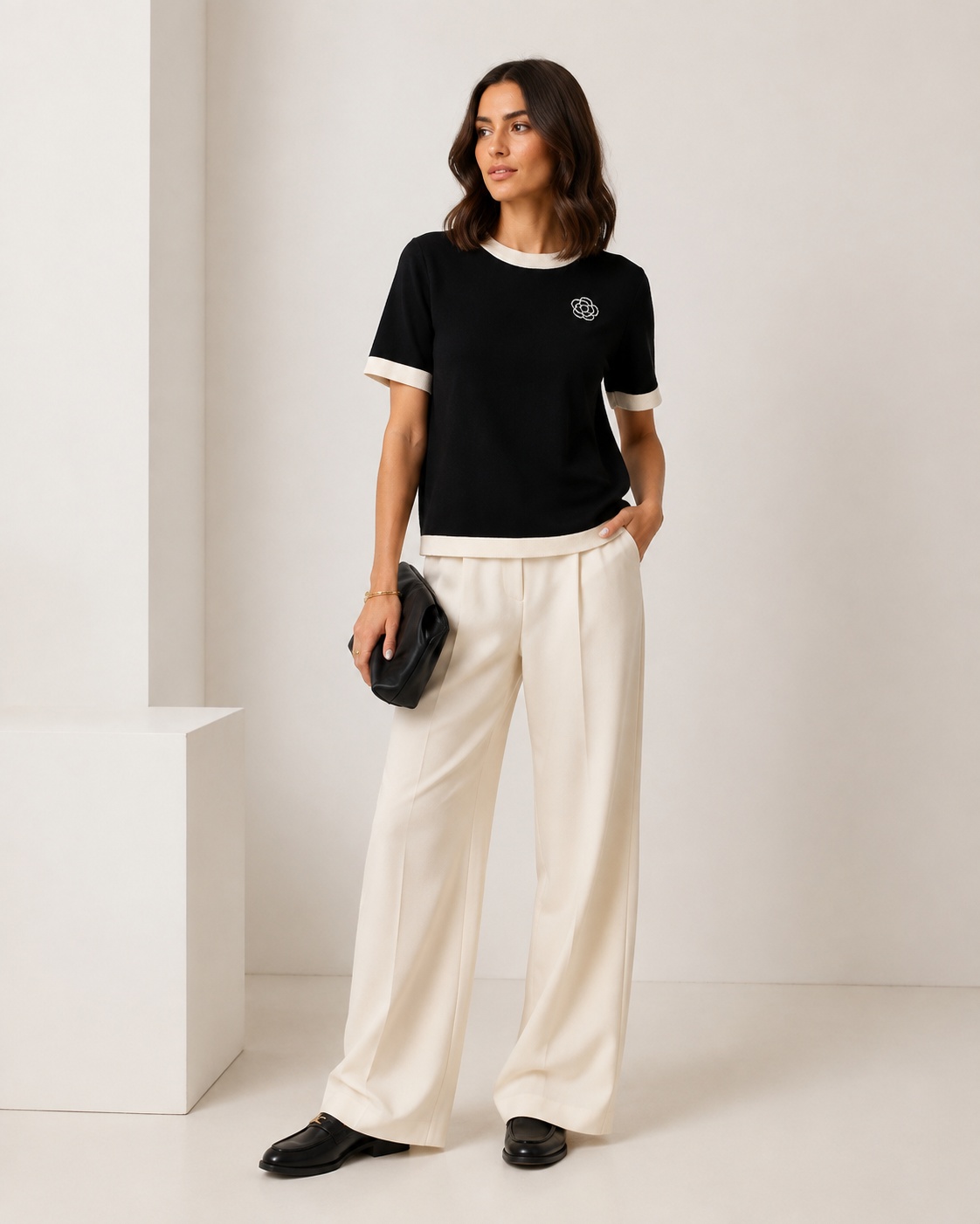 Gebreid T-shirt Dames met Contrasterende Biezen