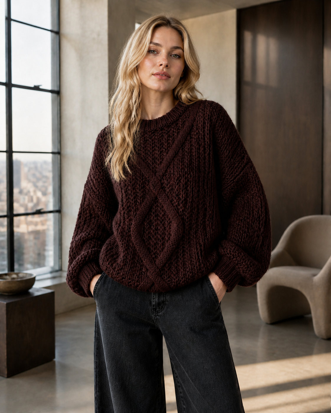 Model met kabeltrui, bruin #brown #bruin