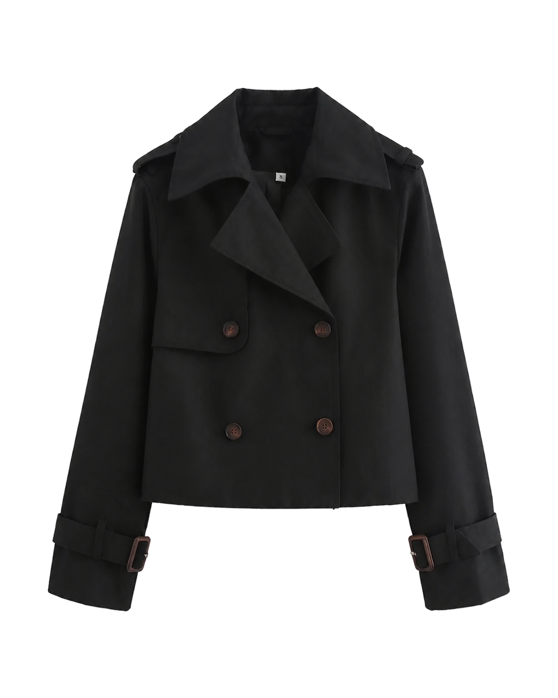 Cropped trenchcoat met dubbele knoopsluiting, zwart #black #zwart