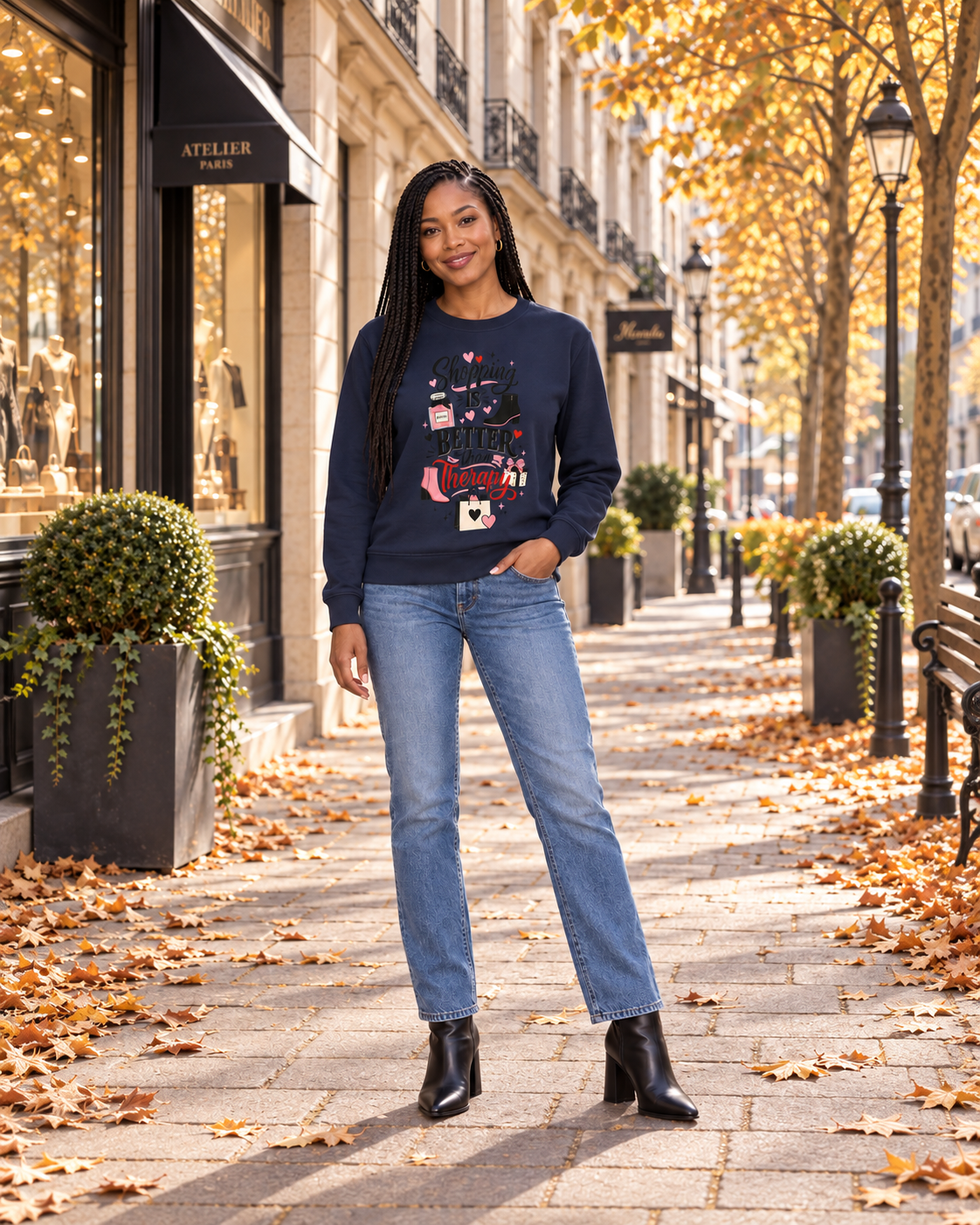 Model met Jovida sweatshirt, marineblauw #french-navy #marineblauw