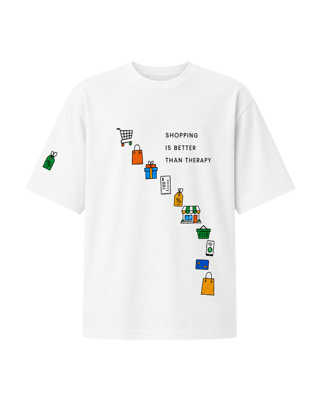 T-shirt Dames Oversized Print Voorkant Shopping Is Better Than Therapy