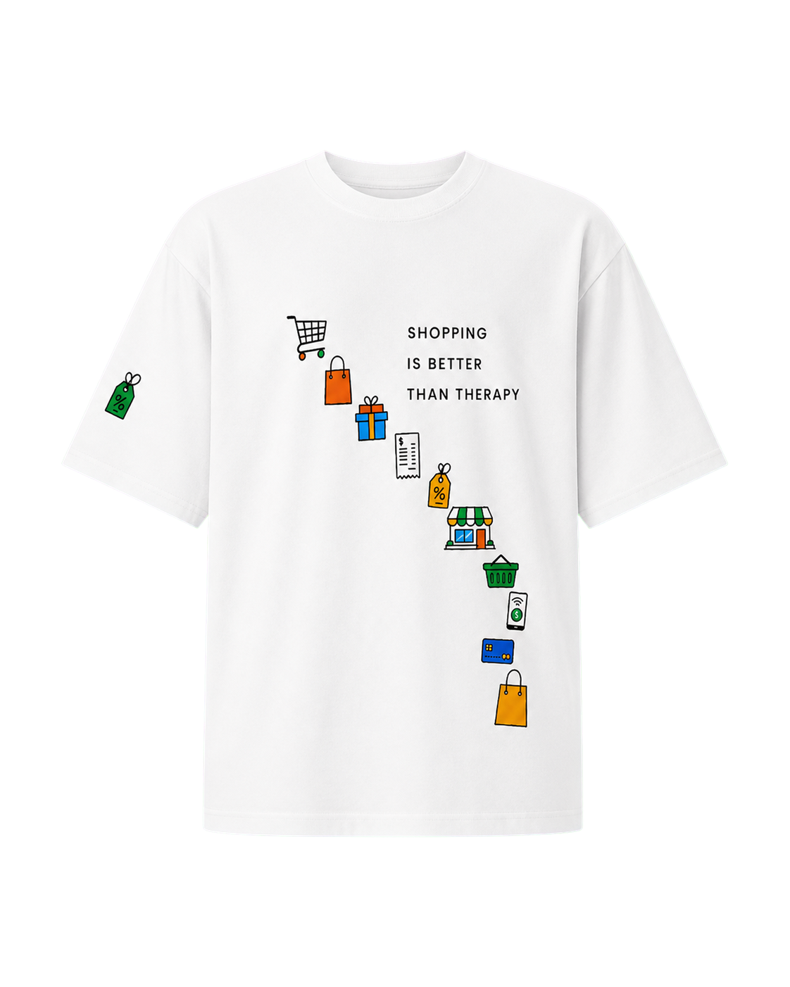 T-shirt Dames Oversized Print Voorkant Shopping Is Better Than Therapy