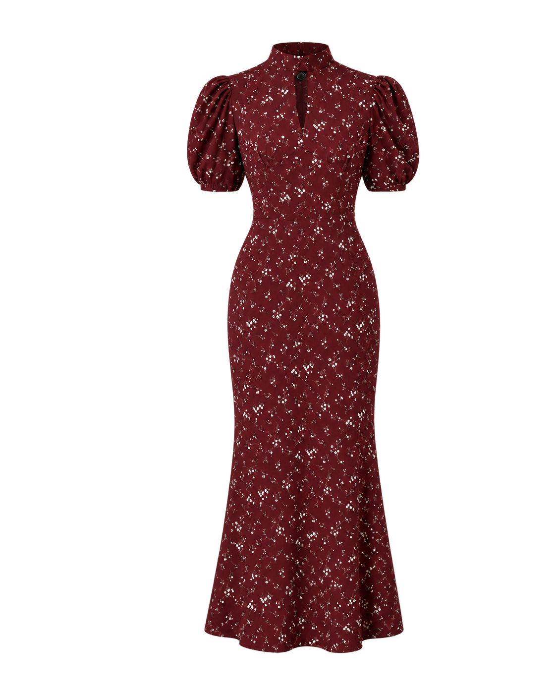 Lange jurk met print en pofmouw, wijnrood #wine-red #wijnrood