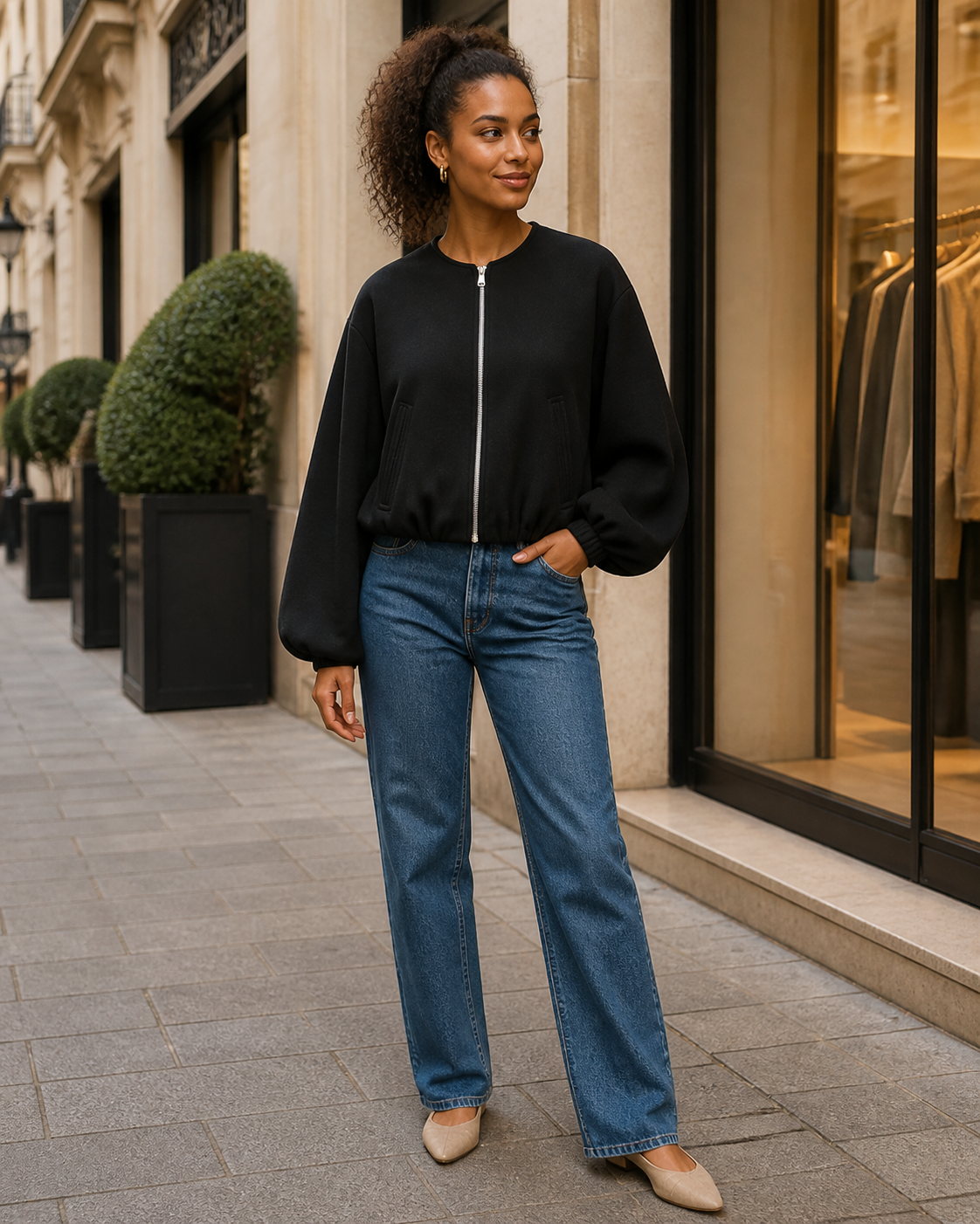 Cropped bomberjack met rits, zwart — derde aanzicht #black #zwart