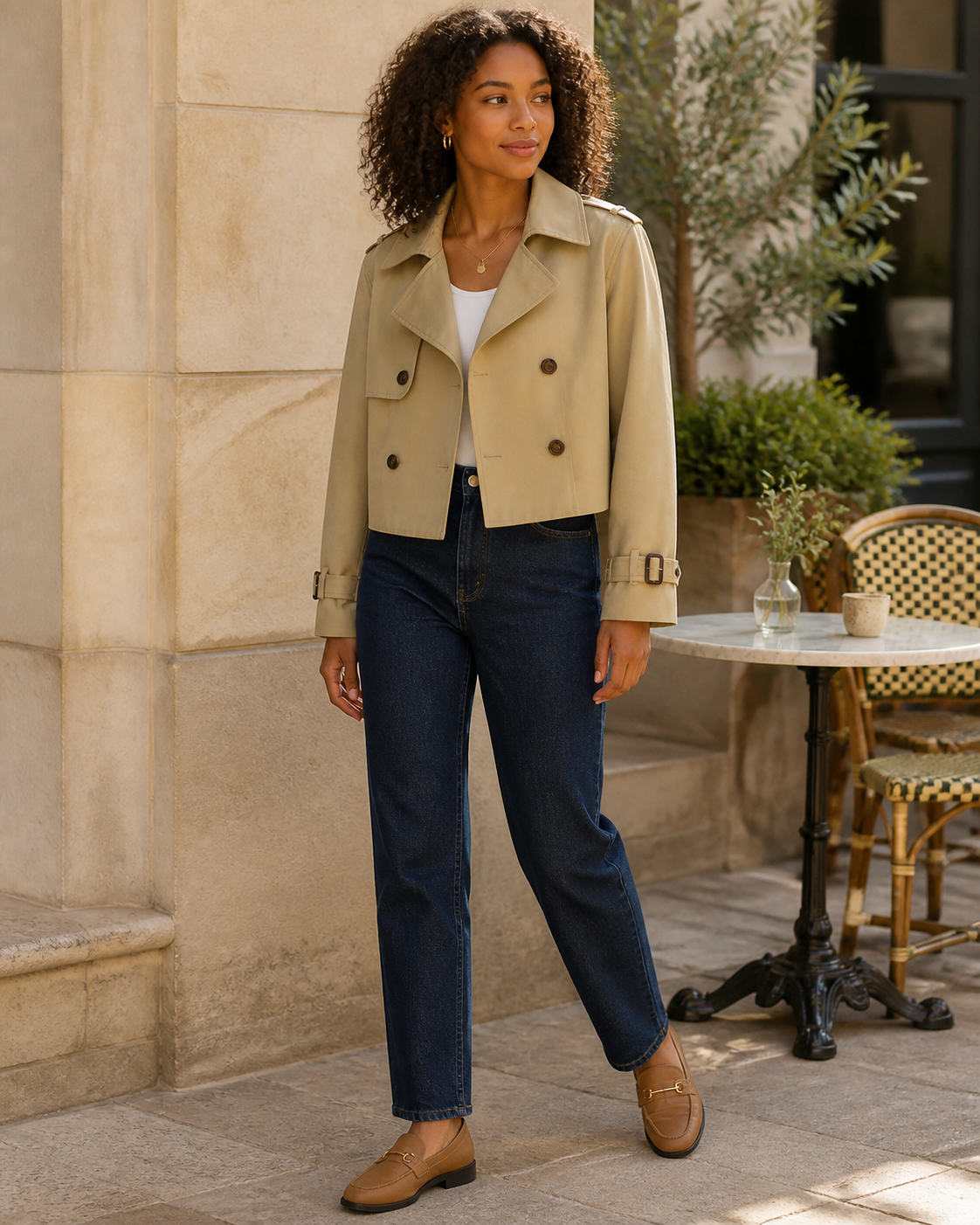 Cropped trenchcoat met dubbele knoopsluiting, khaki — tweede aanzicht #khaki