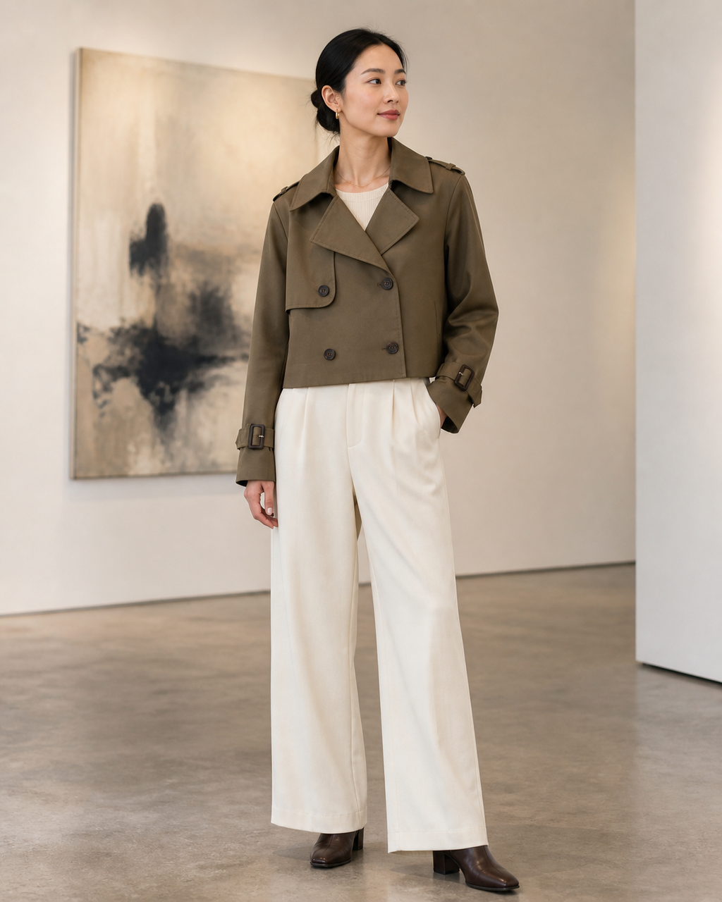 Cropped trenchcoat met dubbele knoopsluiting, bruin — tweede aanzicht #brown #bruin
