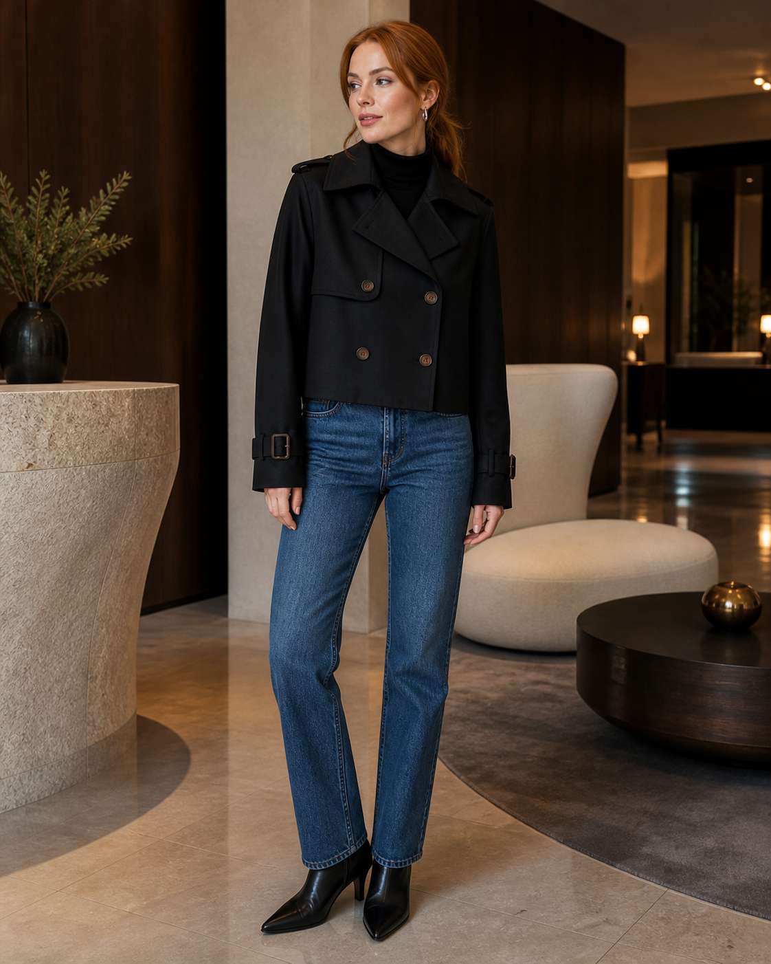 Cropped trenchcoat met dubbele knoopsluiting, zwart — tweede aanzicht #black #zwart