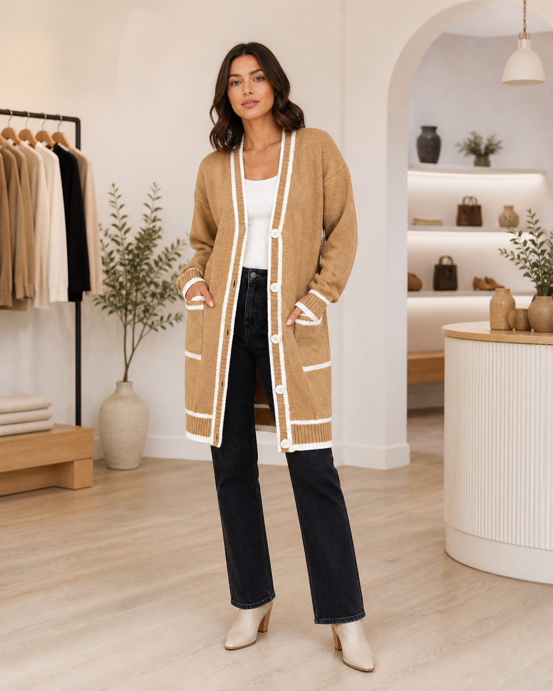 Vest met contrasterende boorden, beige — tweede aanzicht #beige