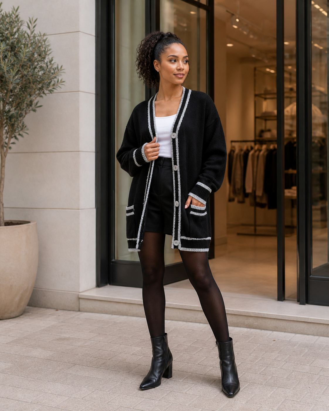 Vest met contrasterende boorden, zwart — tweede aanzicht #black #zwart