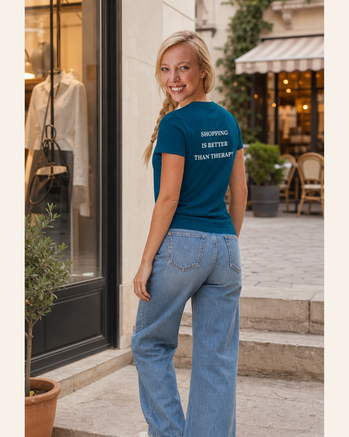 Model met Jovida T-shirt petrolblauw #deep-teal #diep-petrol