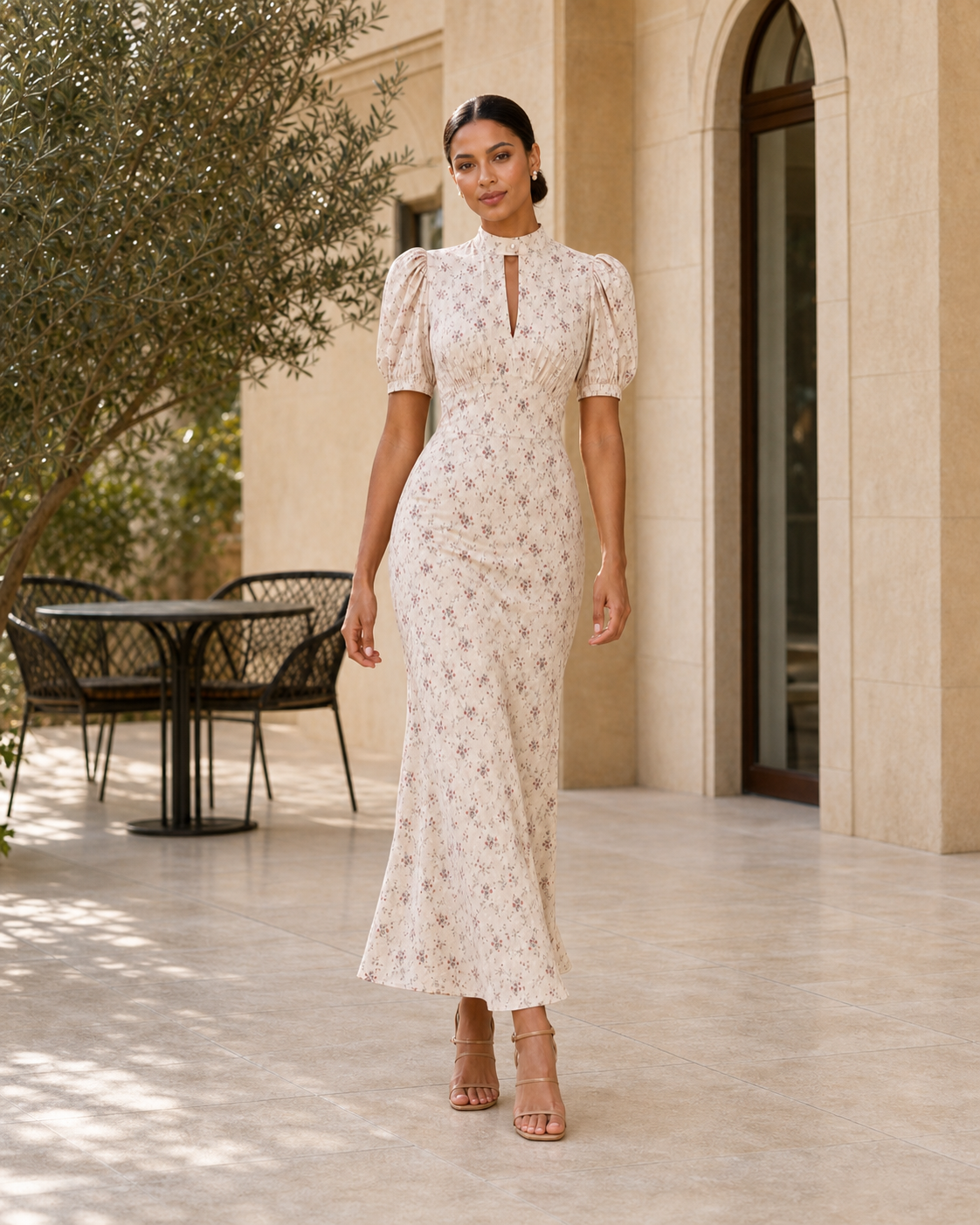 Lange jurk met print en pofmouw, abrikoos — tweede aanzicht #apricot #abrikoos