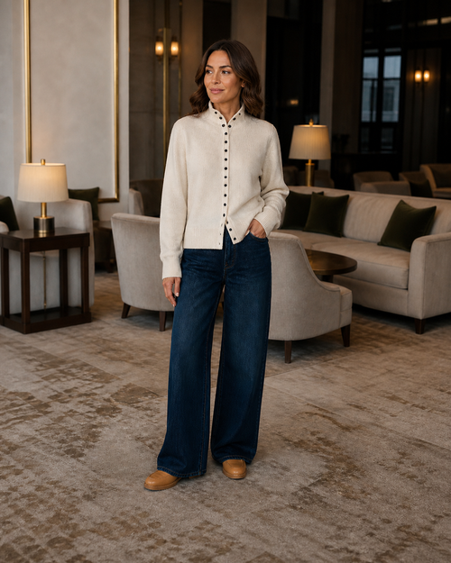 Gebreid vest met opstaande kraag, beige — tweede aanzicht #beige