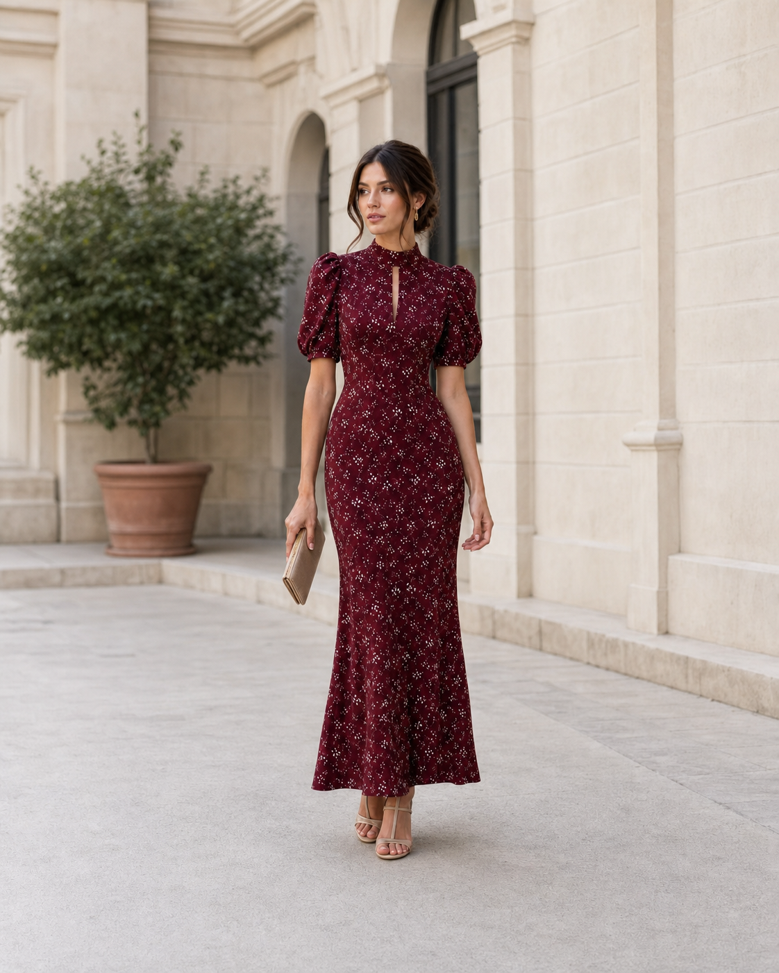 Lange jurk met print en pofmouw, wijnrood — tweede aanzicht #wine-red #wijnrood