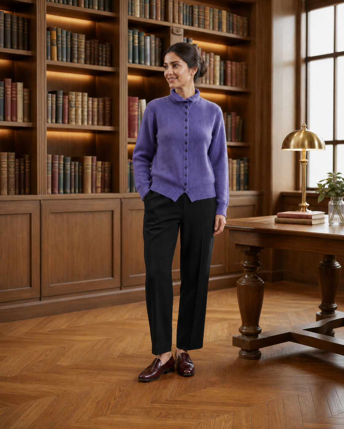 Gebreid vest met opstaande kraag, paars — tweede aanzicht #purple #paars