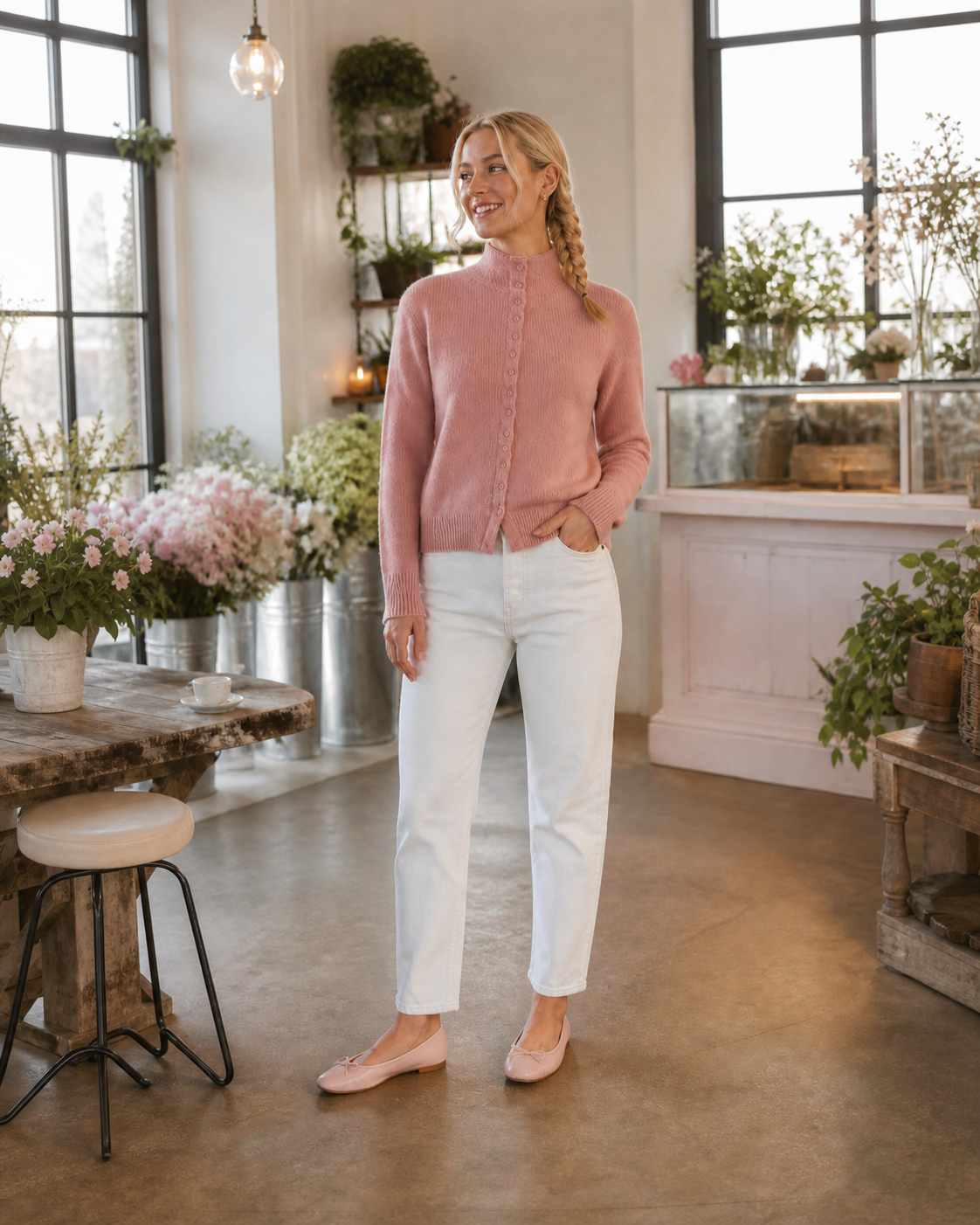 Gebreid vest met opstaande kraag, roze — tweede aanzicht #pink #roze
