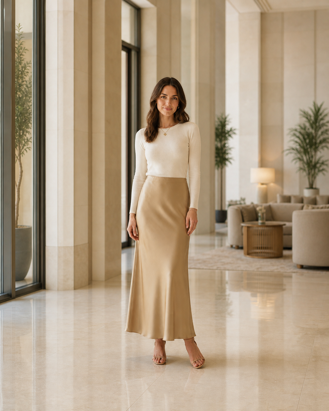 Satijnen midi-rok met hoge taille, beige — tweede aanzicht #beige