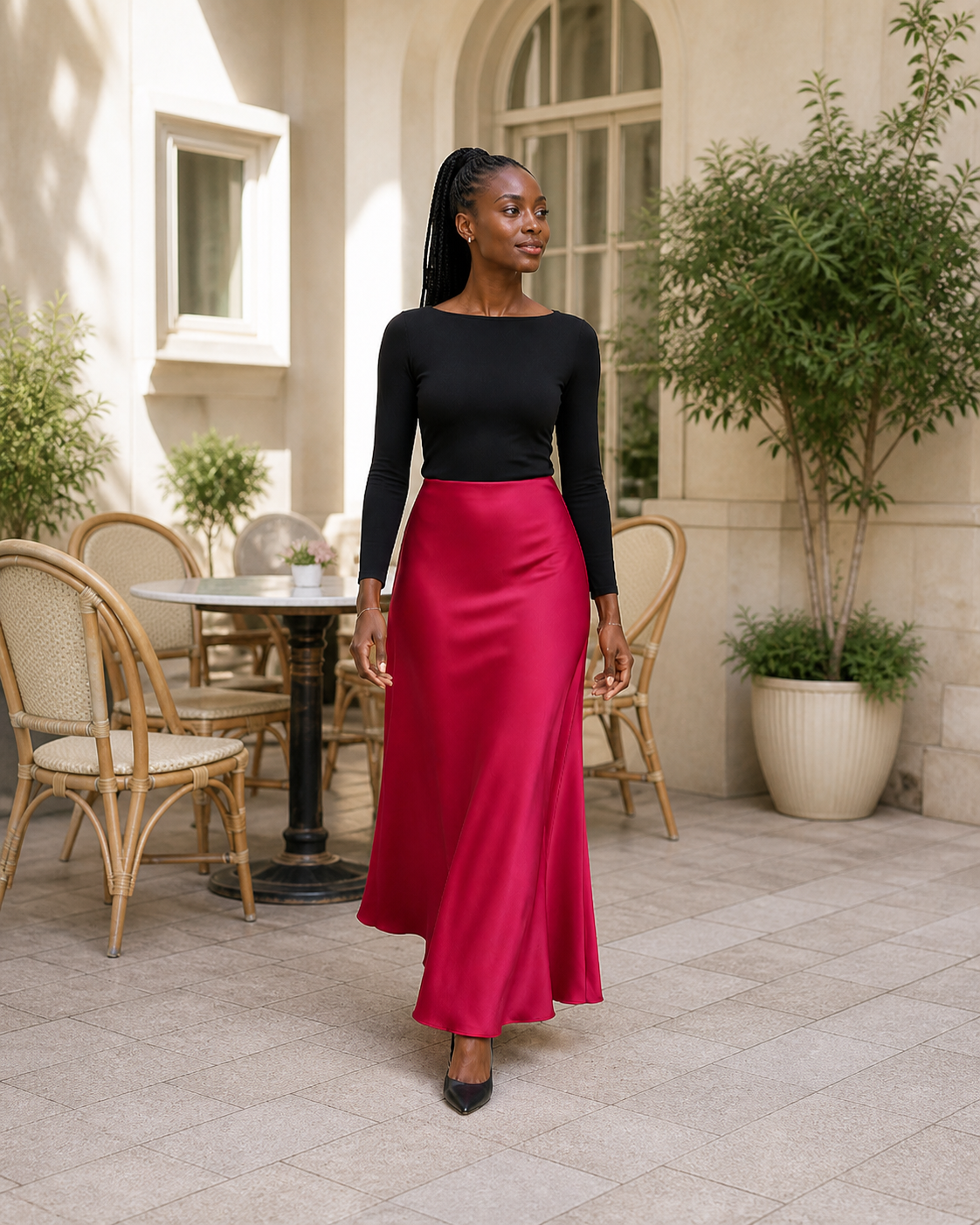 Satijnen midi-rok met hoge taille, rood — tweede aanzicht #red #rood